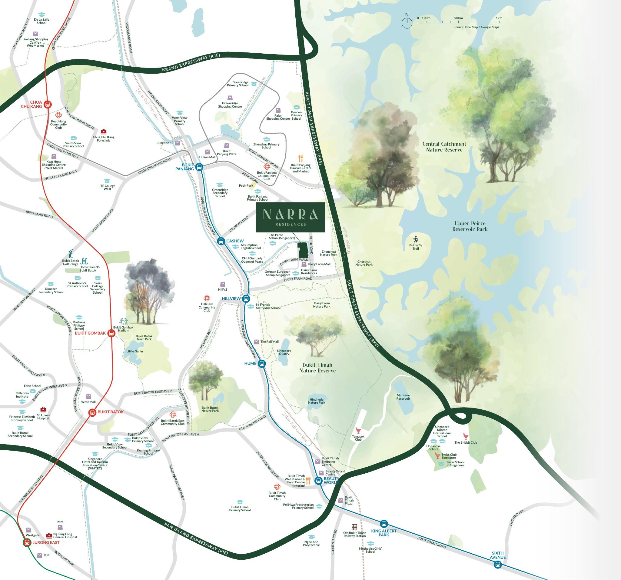 Narra Residences connectivity map showing MRT stations, roads, schools and surrounding nature reserves