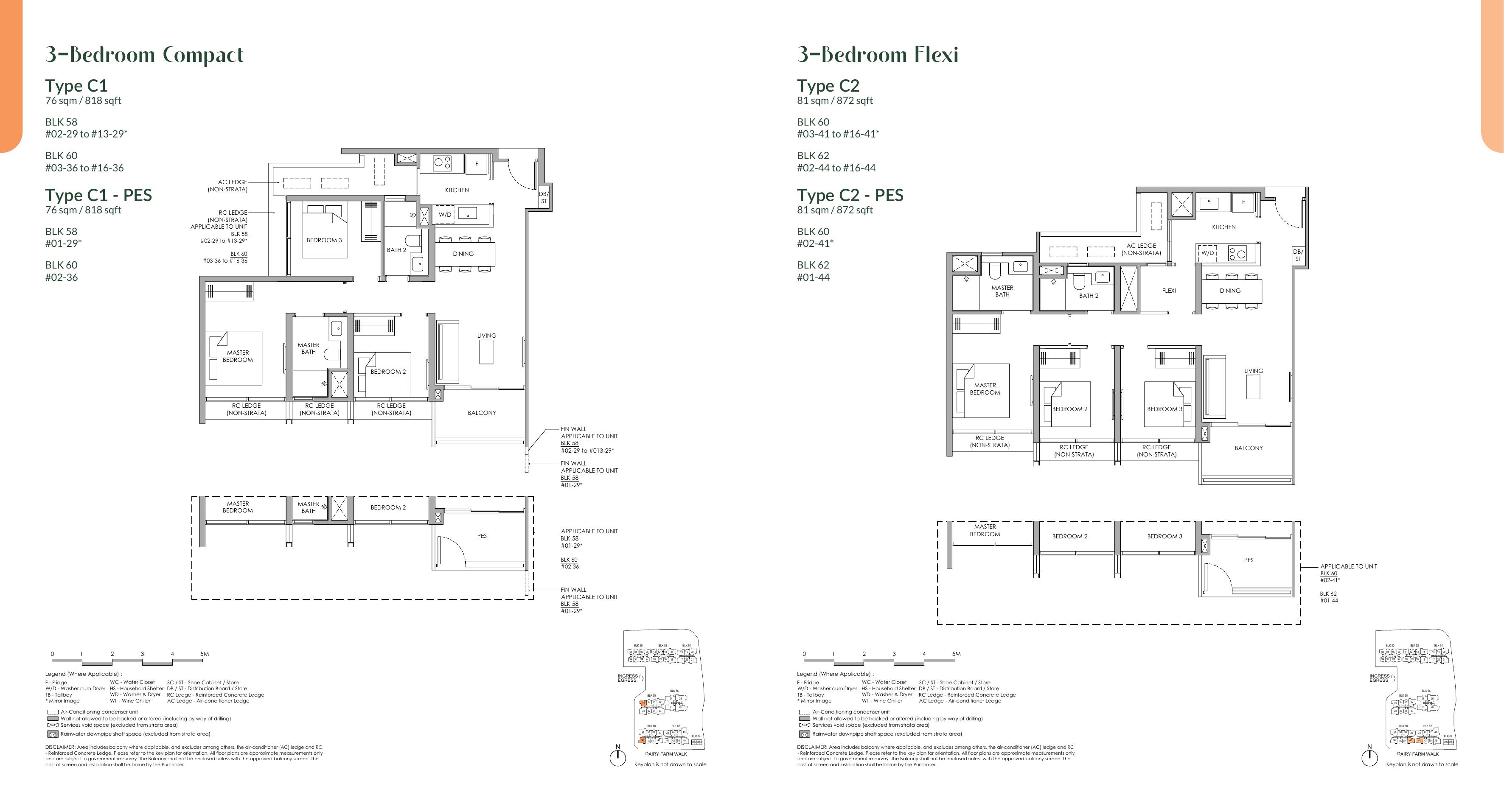 Narra Residences 3 Bedroom Compact & Flexi · C1 / C2 floor plan